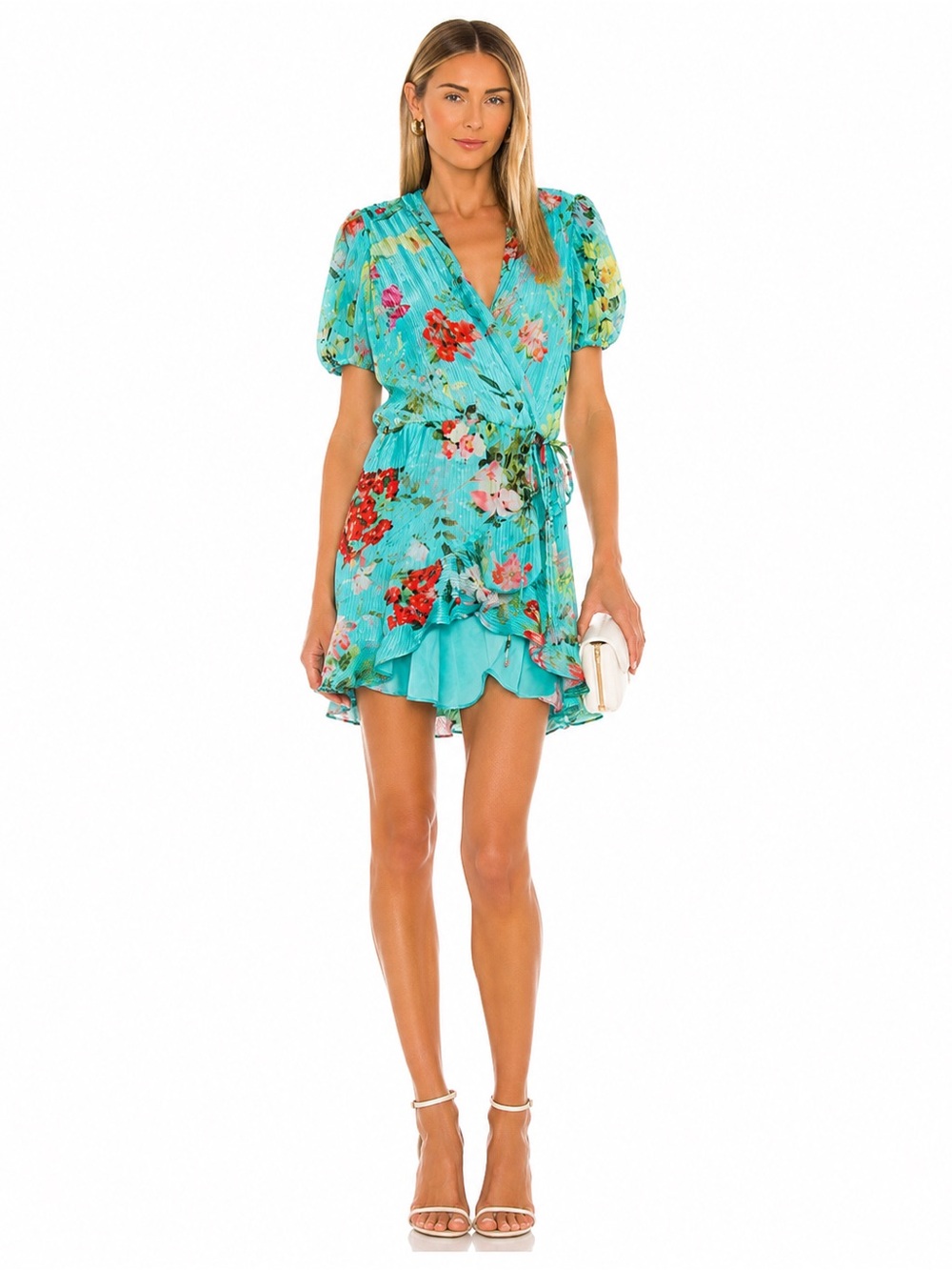 Rococo Sand Turquoise Floral Metallic Floral Wrap Short Collared Dress
